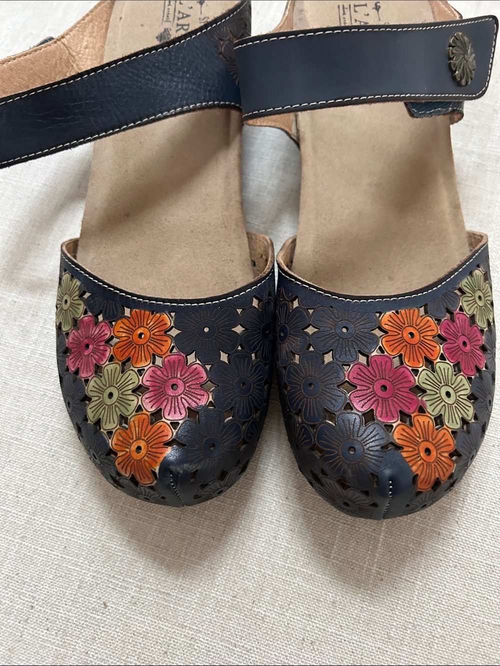Spring Step L'artiste Spikey Floral Sandal Navy SZ 42 Leather Comfort Mary Jane - Picture 15 of 15
